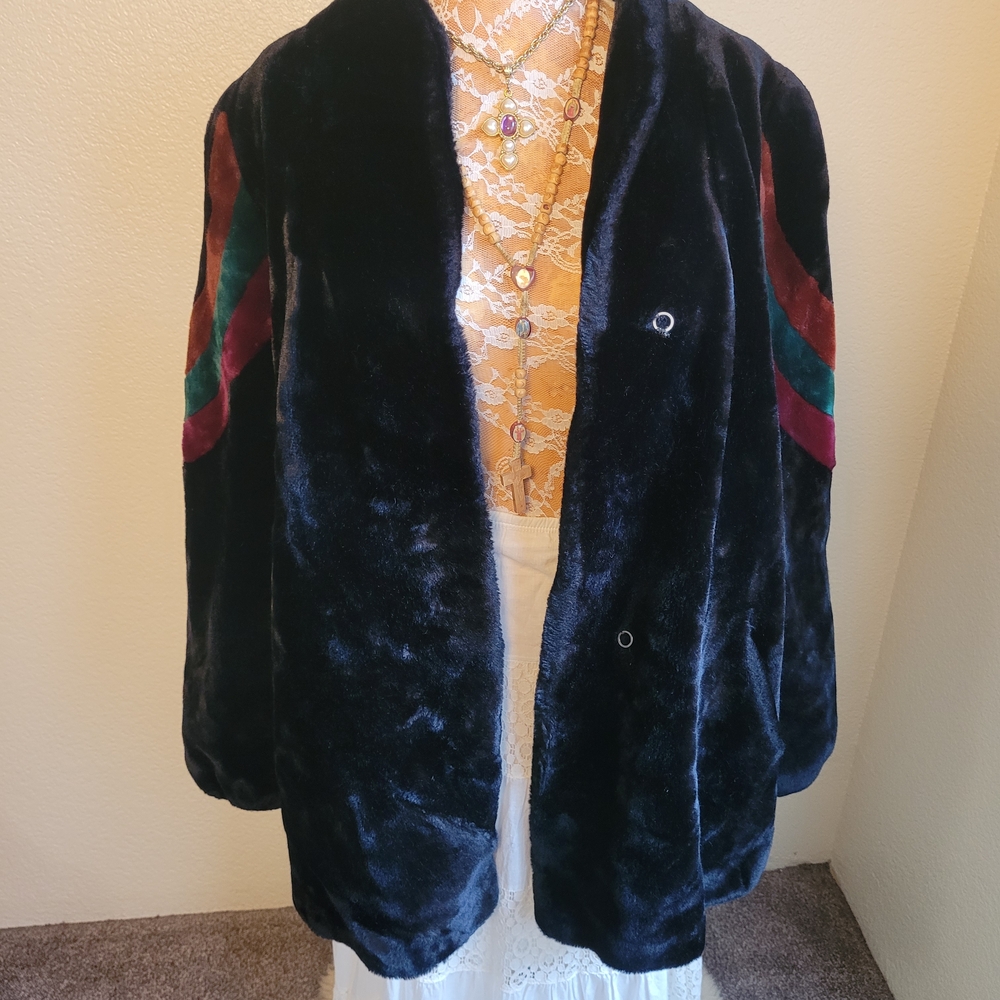 Vintage America Black Teddy Jacket with Colorful Stripes